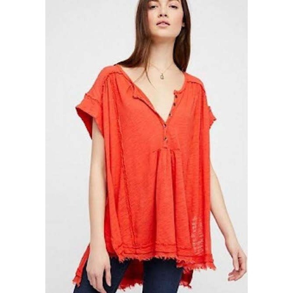Free People Henley Top Women S Orange Boho Raw Hem Linen Blend OB489439